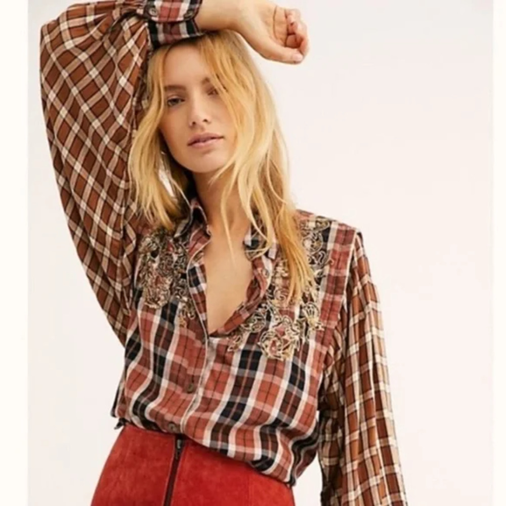 Free People Gold Embroidery Copper Two Tone Plaid Flowing Button Down Blouse
